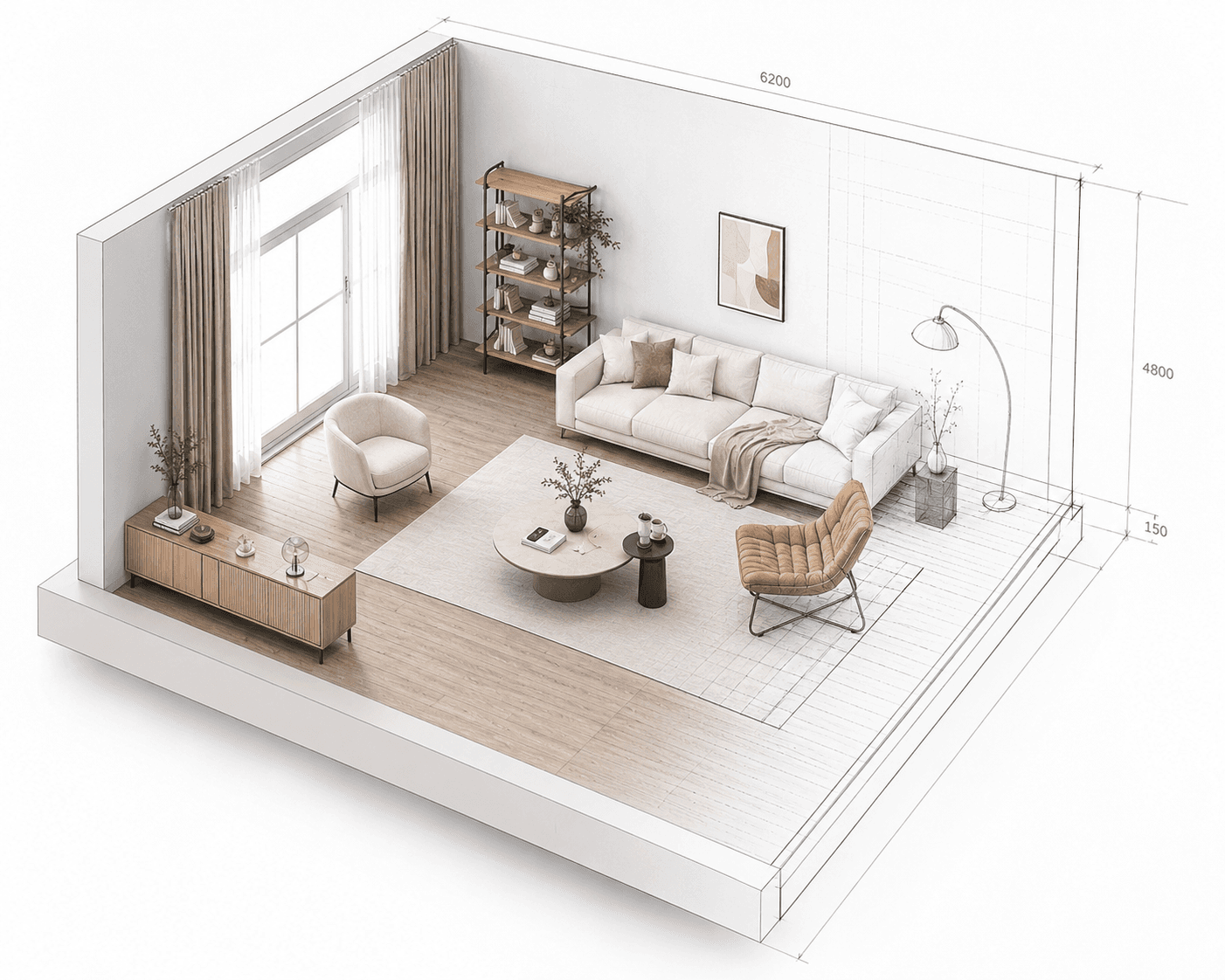 Premium isometric living room for room scale preview